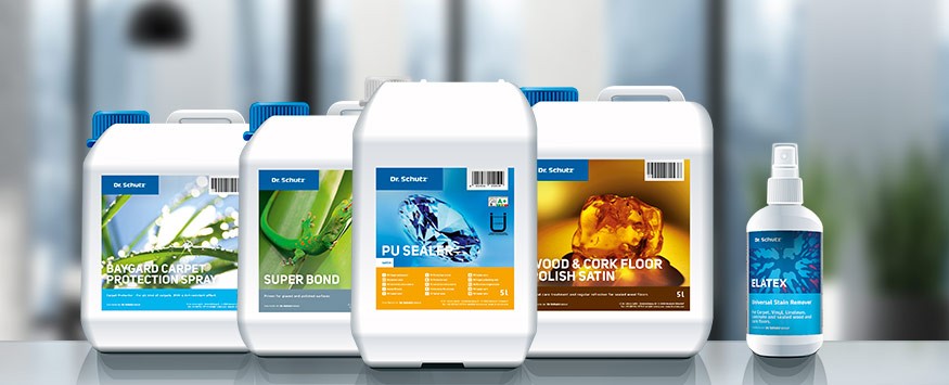 Lineup of Dr. Schutz professional floor coating and care products