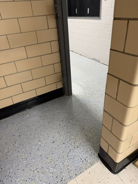 Flake floor running continuously through a school hallway doorway