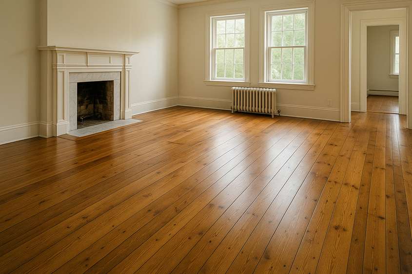 Empty living room floored in wide amber hardwood planks with visible knots and a soft satin sheen, painted fireplace and cast-iron radiator behind